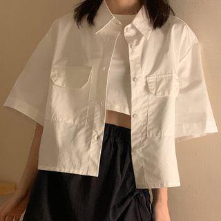Short-sleeve Plain Double-pocket Shirt Shirt - One Size