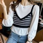Set: Striped Camisole Top + 3/4-sleeve Blouse