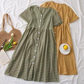 V-neck Checked Shirtdress