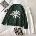 Printed Crewneck Long-sleeve Sweater Green - One Size