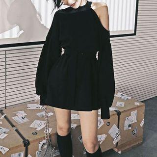 Belted Cold Shoulder Mini Sweatshirt Dress