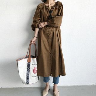 Collarless Raglan-sleeve Maxi Shirtdress