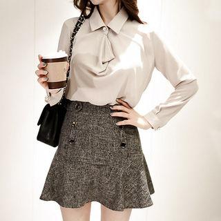 Draping-front Faux-pearl Trim Blouse