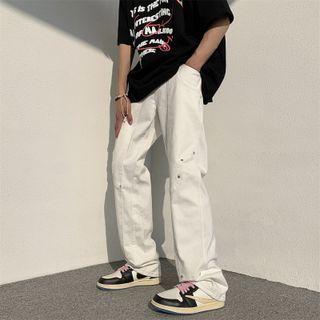 Mid Waist Studded Straight Leg Jeans