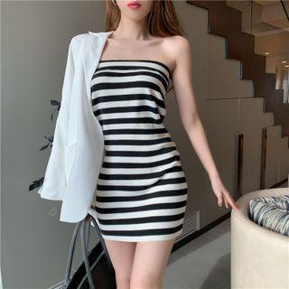 Striped Mini Sheath Tube Dress Black & White - One Size
