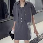 Sleeveless Buttoned A-line Mini Dress / Elbow-sleeve Shirt