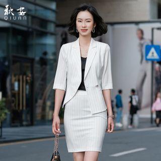 Two Tone Striped Blazer / High-waist Striped Skinny Mini Skirt