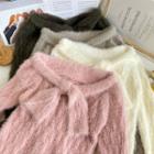 Ribbon-neckline Furry-knit Skinny Top