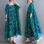 Short-sleeve Floral Print Loose-fit Midi Dress Blue & Green - One Size