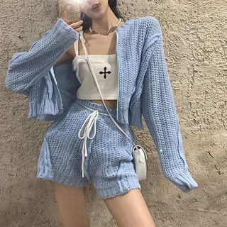 Set: Chunky Knit Zip Cardigan + Drawstring Shorts Set - Cardigan - Blue - One Size / Shorts - Blue - One Size