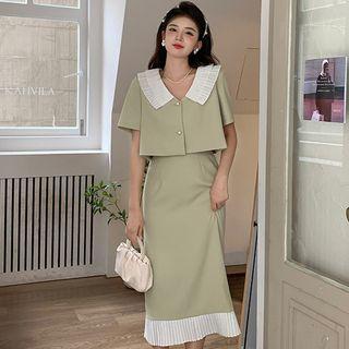 Short-sleeve Two-tone Blouse / Midi Pencil Skirt