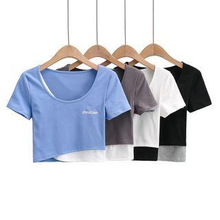 Short-sleeve Lettering Two-tone Cropped T-shirt