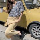 Sort-sleeve Gingham Check Blouse / Midi Skirt