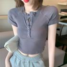 Round-neck Short Sleeve Button Up Crop Top