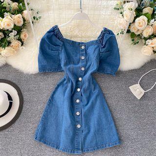 Buttoned Short-sleeve Mini Denim Dress