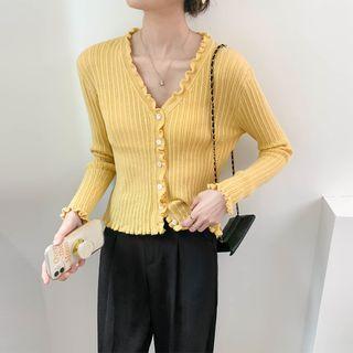 V-neck Plain Striped Ruffle Button-up Cardigan