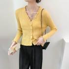 V-neck Plain Striped Ruffle Button-up Cardigan