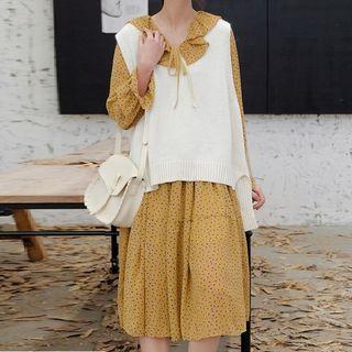 Set: Bell-sleeve Midi Floral Chiffon Dress + Knit Vest