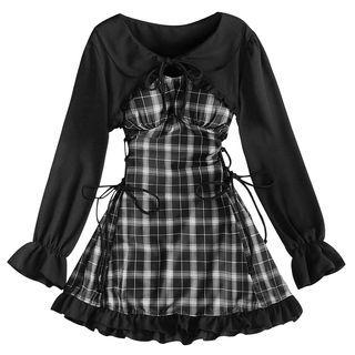 Set: Spaghetti-strap Plaid Swim Dress + Shorts + Cover-up
