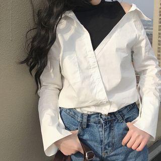 Mock Two-piece Cutout Shoulder Long-sleeve Blouse