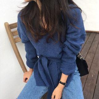 Plain V-neck Long-sleeve Loose-fit Knit Top