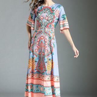 Elbow-sleeve Print Maxi A-line Dress