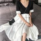 Short-sleeve Two-tone Tiered A-line Dress