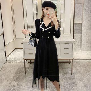 Notch Lapel Double-breasted Knit Midi A-line Dress