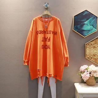 Long-sleeve Lettering Sequin Ripped Frayed Dress
