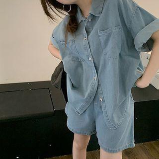 Short-sleeve Pocket Detail Denim Shirt / Shorts