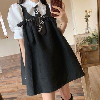 Short-sleeve Tie Neck Shirt / Mini A-line Pinafore Dress