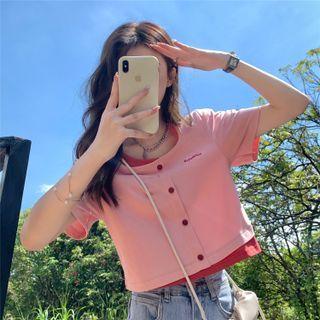 Crew-neck Two Tone Mock Two Piece Crop Top