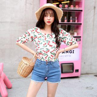 Square-neck Cherry Pattern Blouse