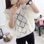 Elbow-sleeve Open-knit Top White - One Size