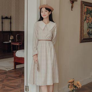 Puff-sleeve Collar Plaid A-line Dress