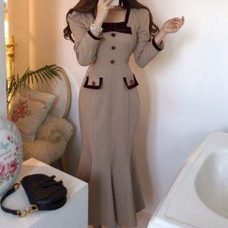 Long-sleeve Contrast Trim Buttoned Midi Dress