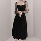 Long-sleeve Mesh Panel Velvet Midi Dress / Mini Dress