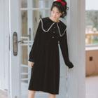 Velvet Long-sleeve Shirt Dress Black - One Size