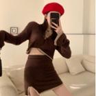 Set: Tie-strap Cropped Sweater + Mini Pencil Skirt Coffee - One Size