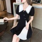 Short-sleeve Collared Two-tone A-line Dress