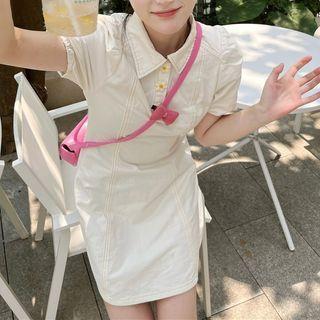 Short-sleeve Collar Flower Button Mini A-line Dress