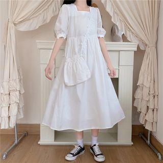 Elbow-sleeve Midi A-line Dress / Crossbody Bag