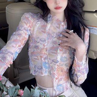 Long-sleeve Print Top Pink - One Size