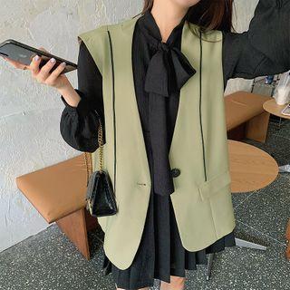 Tie Neck Long-sleeve A-line Dress / Vest / Set