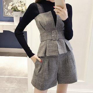 Long-sleeve Mock Neck Top / Sleeveless Plaid Top / Wide-leg Shorts