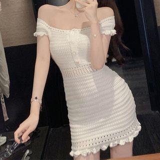 Off-shoulder Frill Trim Knit Mini Bodycon Dress