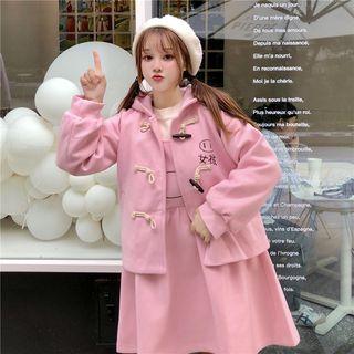 Hooded Toggle Coat / Pig Embroidered Pinafore Dress