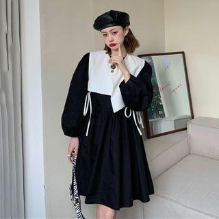 Set: Long-sleeve A-line Dress + Tie-side Sweater Vest