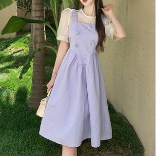 Puff-sleeve Blouse / Floral Overall Dress