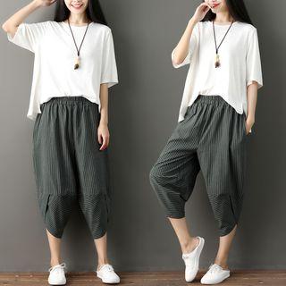 Set: Elbow-sleeve Top + Cropped Striped Harem Pants